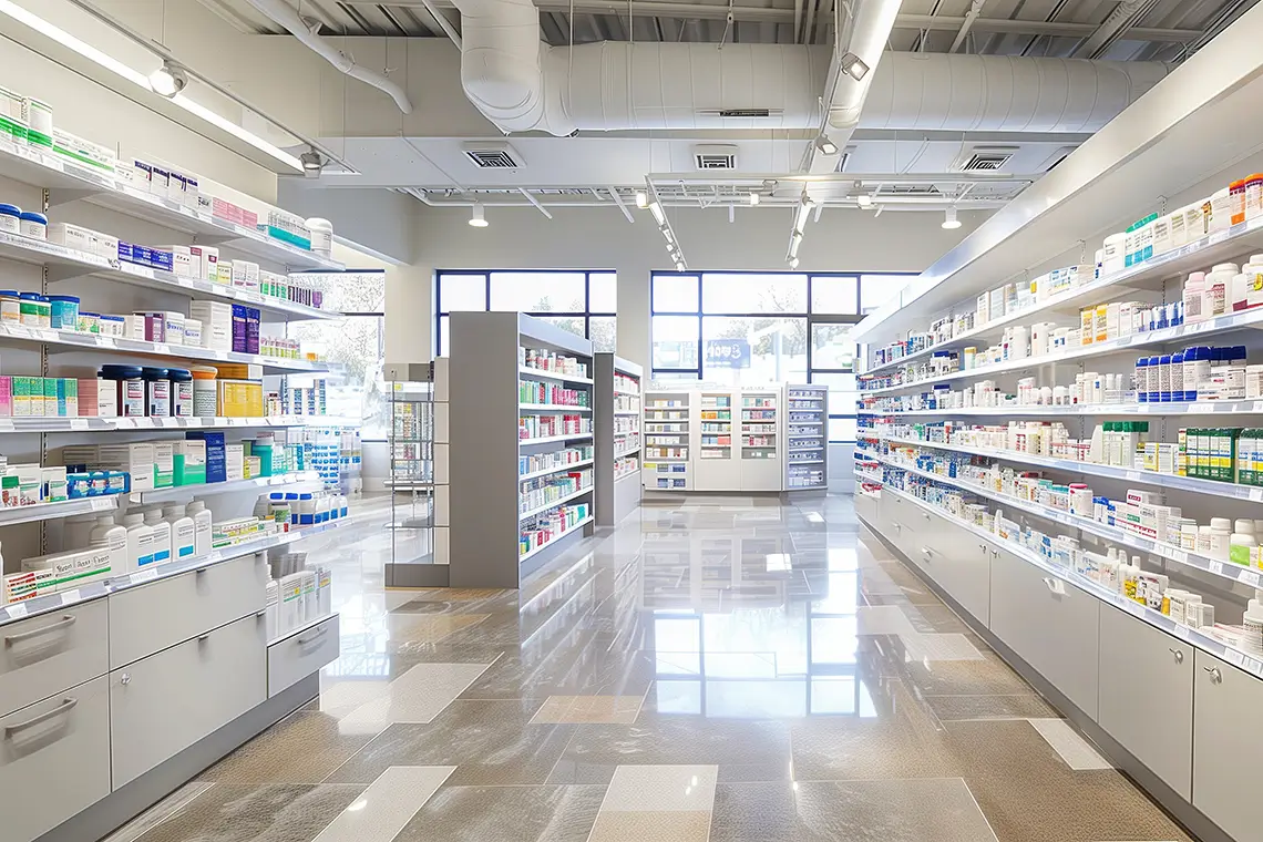 Helle moderne Apotheke mit Regalen voller Medikamente und Klimaanlage an der Decke.