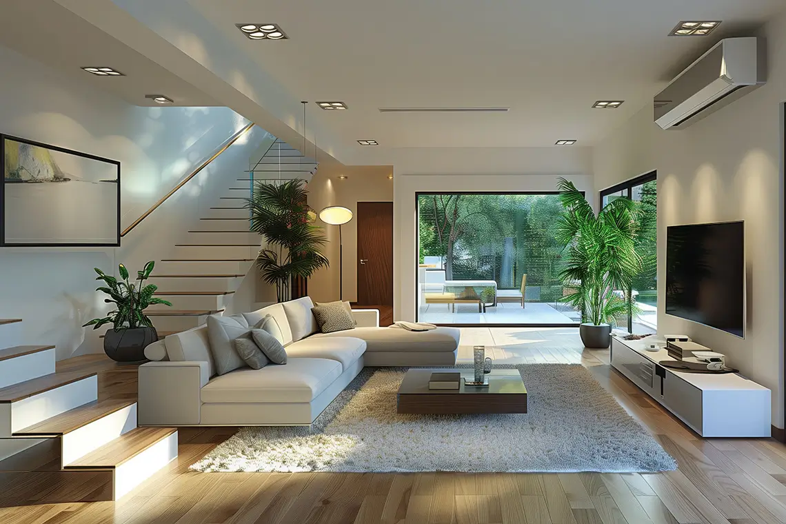 Modernes Wohnzimmer mit großem Sofa, Pflanzen, TV und Klimaanlage an der Wand