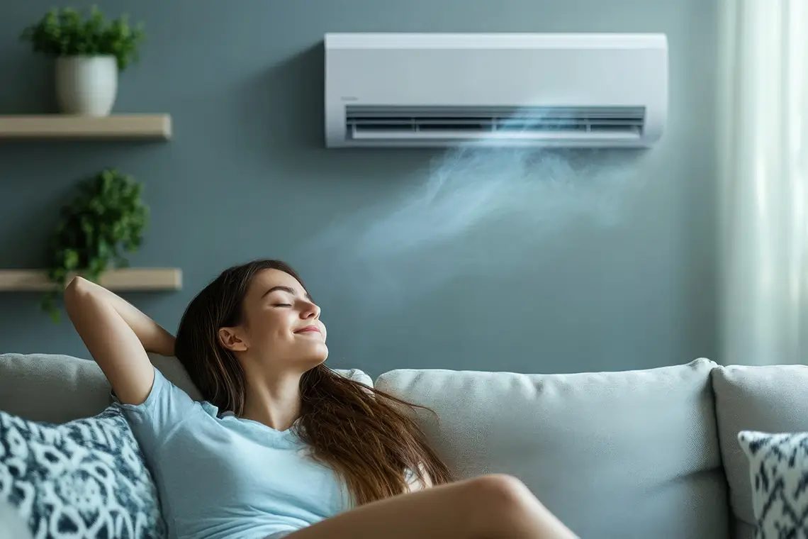 Frau entspannt auf dem Sofa unter einer laufenden Klimaanlage und genießt die kühle Luft