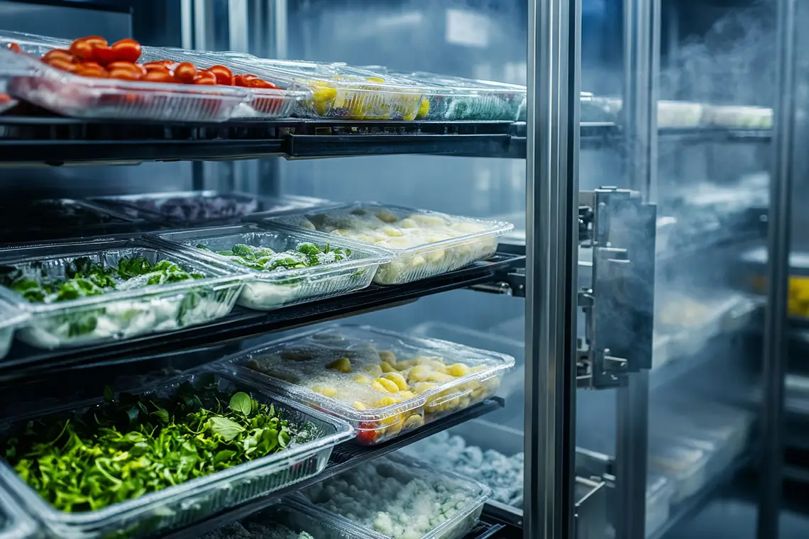 Kältetechnik für ein Kühlregal mit frischen und gefrorenen Lebensmitteln