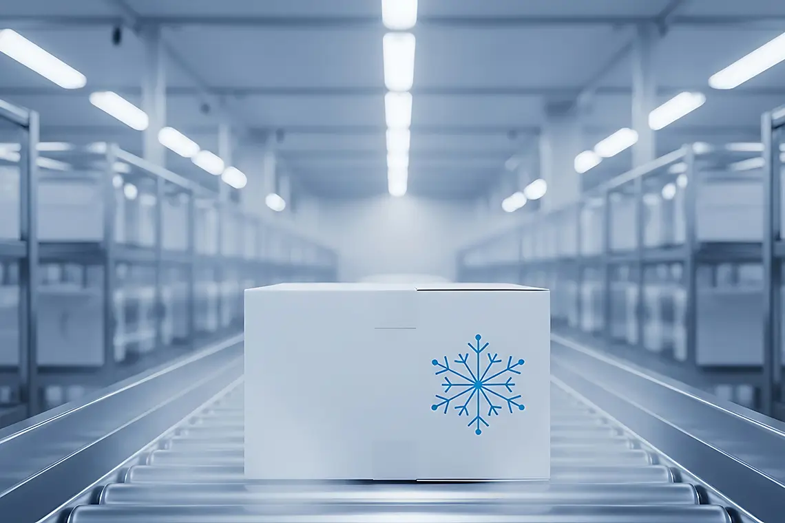 Kühlhalle mit Förderband und Paket mit Schneeflockensymbol im Mittelpunkt