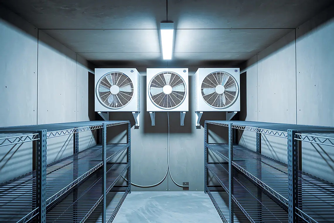 Kühlraum mit drei Verdampfern an der Wand und leeren Metallregalen