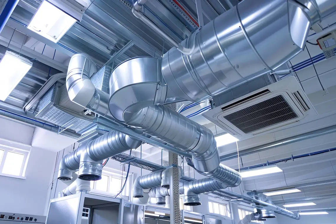 Große Lüftungs- und Klimakanäle an der Decke einer Industriehalle