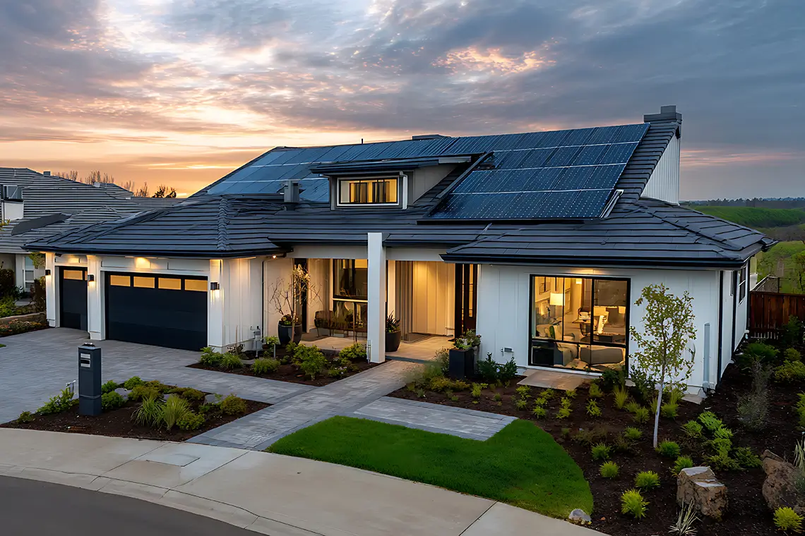 Modernes Einfamilienhaus bei Sonnenuntergang mit Solaranlage und Klimaanlage.