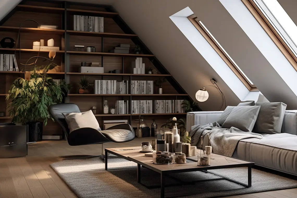 Modernes, gemütliches Dachgeschoss-Wohnzimmer mit Klimaanlage