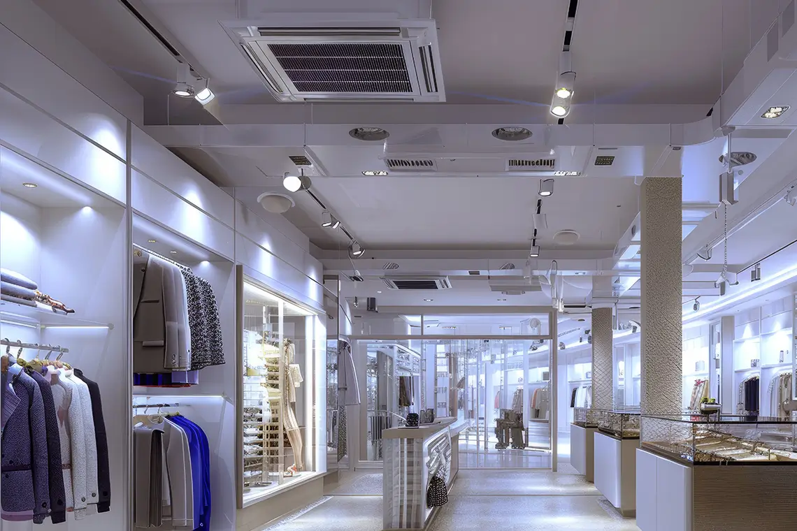 Modernes Bekleidungsgeschäft mit heller Beleuchtung, Klimaanlage an der Decke und stilvollen Auslagen.
