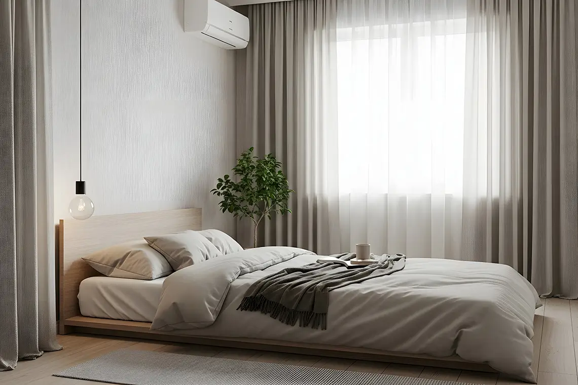 Helles Schlafzimmer mit niedrigem Bett, Vorhängen und Klimaanlage über dem Bett.