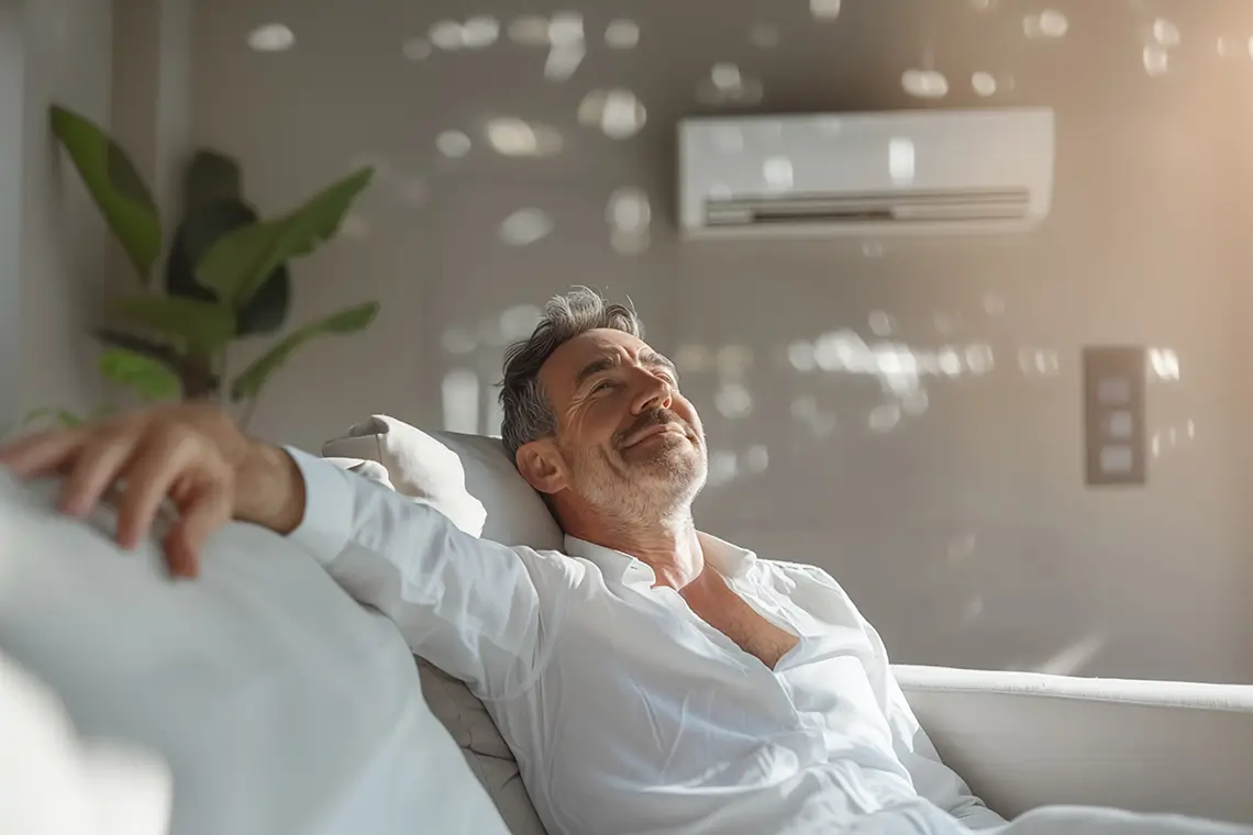 Mann entspannt auf dem Sofa unter einer Klimaanlage und genießt die angenehme Raumtemperatur. Mann entspannt auf dem Sofa unter einer Klimaanlage und genießt die angenehme Raumtemperatur.