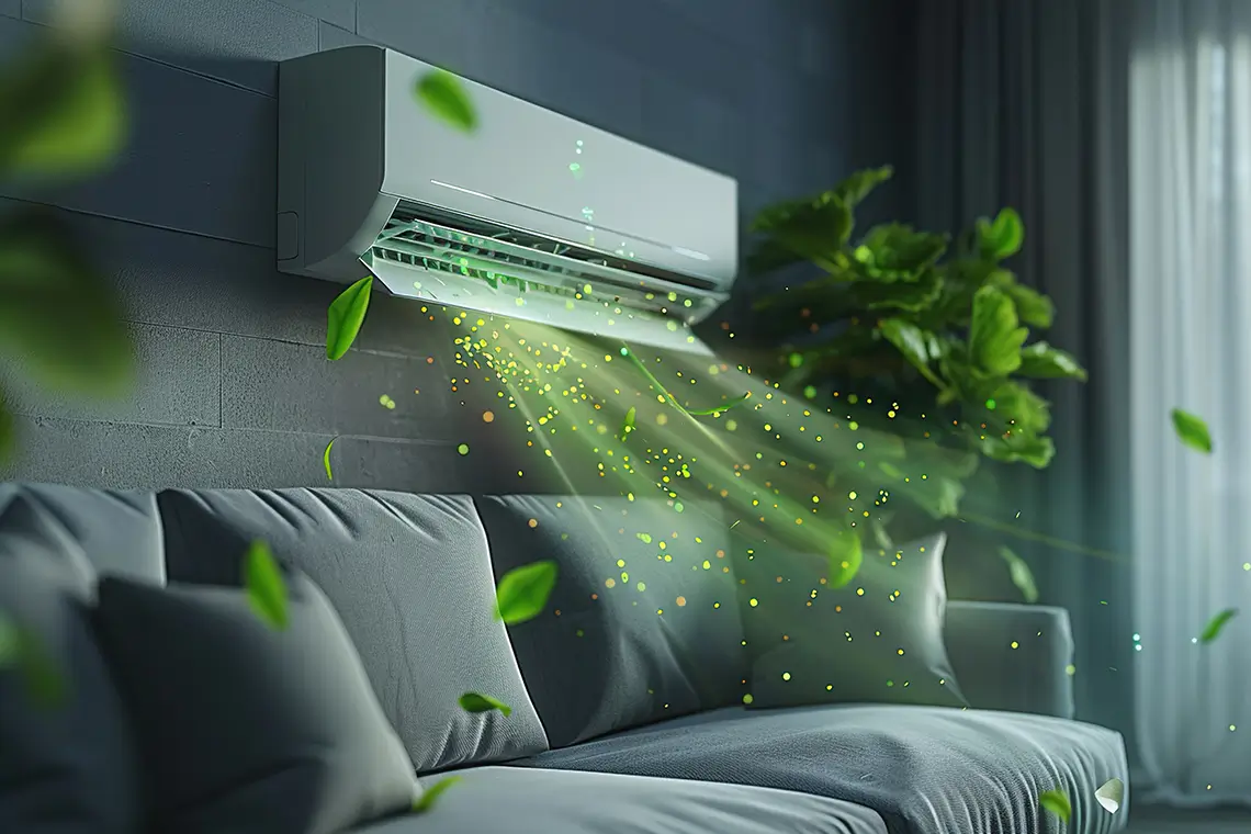 Klimaanlage bläst frische, gereinigte Luft in ein Wohnzimmer mit Pflanzen