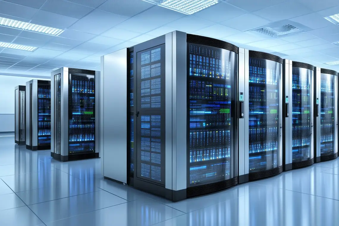 Serverraum mit mehreren Serverracks und professioneller Klimatisierung zur sicheren Kühlung der Technik