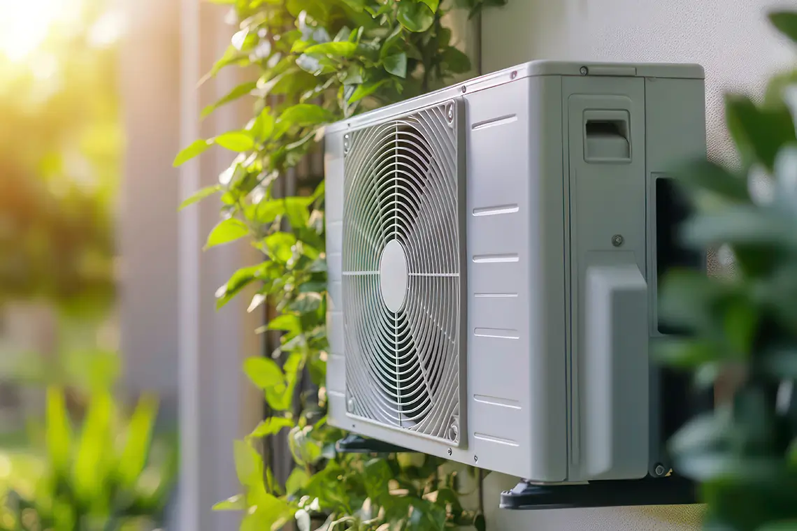 Außengerät einer modernen Inverter-Klimaanlage an der Hauswand zwischen grünen Pflanzen Außengerät einer modernen Inverter-Klimaanlage an der Hauswand zwischen grünen Pflanzen