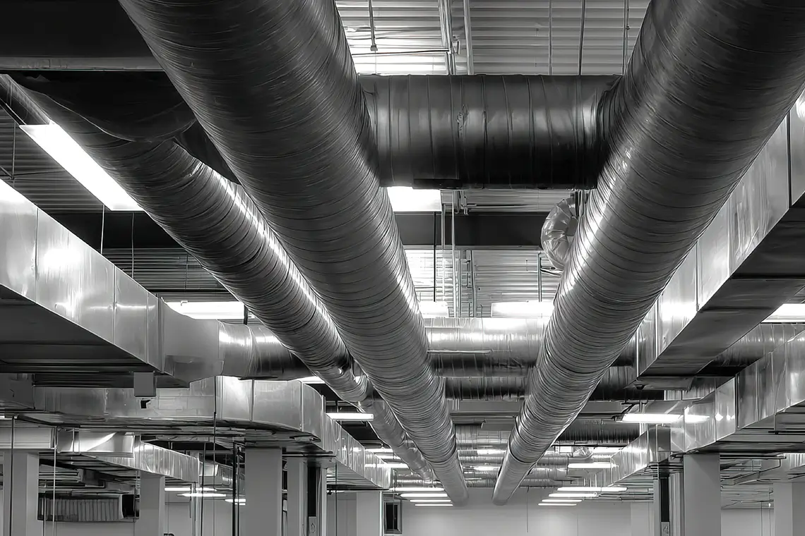 Großes Netzwerk aus Lüftungs- und Klimakanälen an der Decke einer Industriehalle