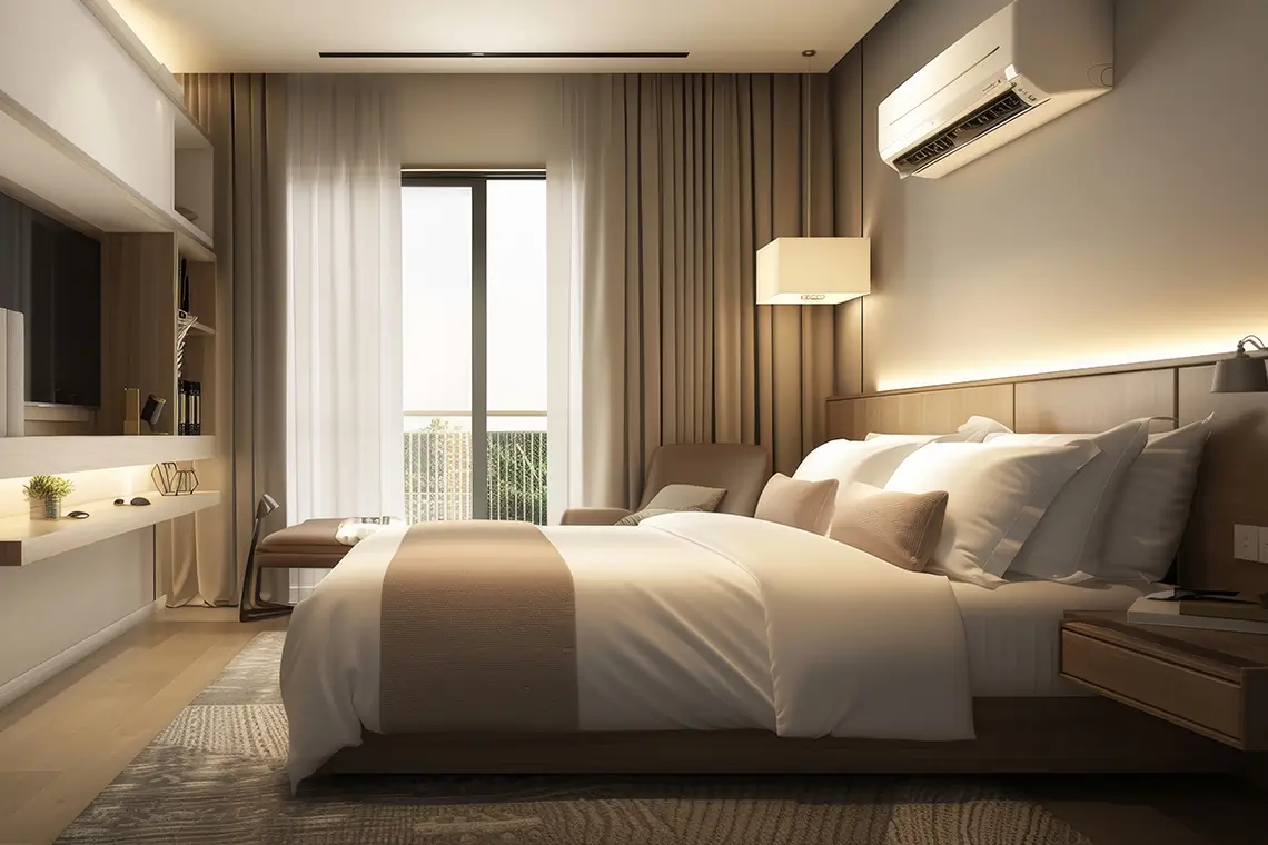 Modernes Hotelzimmer mit Doppelbett, warmen Farben und Wandklimaanlage für angenehme Raumtemperatur