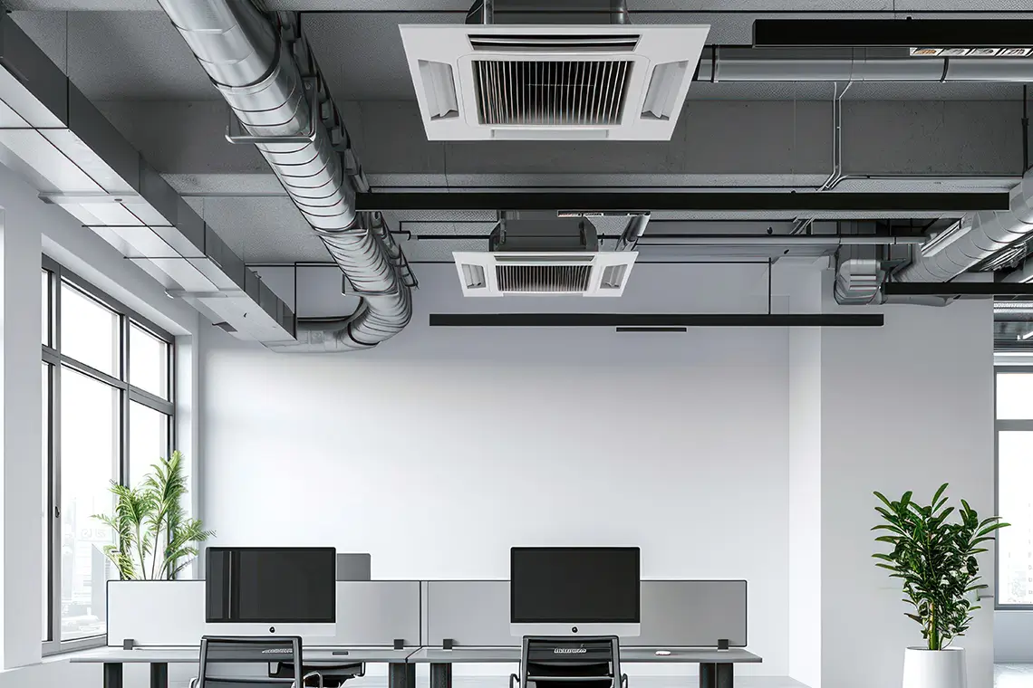 Moderne Bürodecke mit integrierter Lüftungsanlage und sichtbaren Luftkanälen über Arbeitsplätzen.