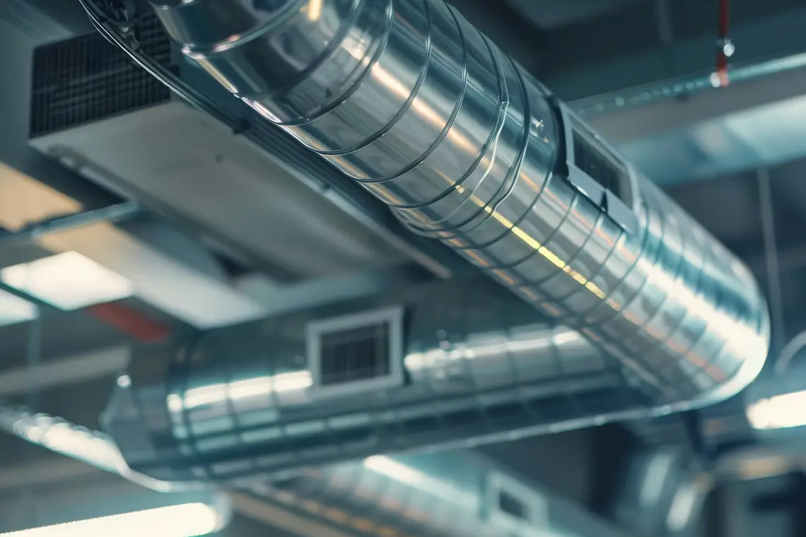 Große, glänzende Lüftungsrohre und Deckenlüfter in einer modernen Industriehalle