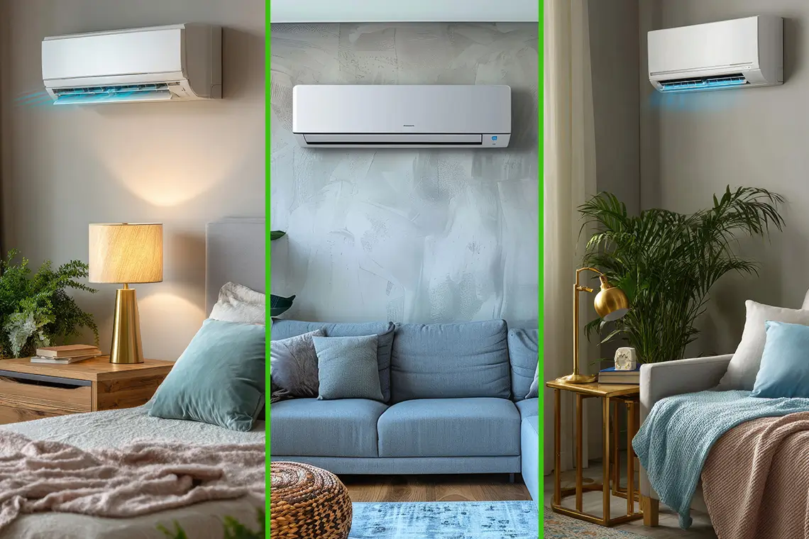 Verschiedene Wohnräume mit Klimaanlagen an der Wand, zeigen Einsatzmöglichkeiten von Multisplit-Systemen Verschiedene Wohnräume mit Klimaanlagen an der Wand, zeigen Einsatzmöglichkeiten von Multisplit-Systemen