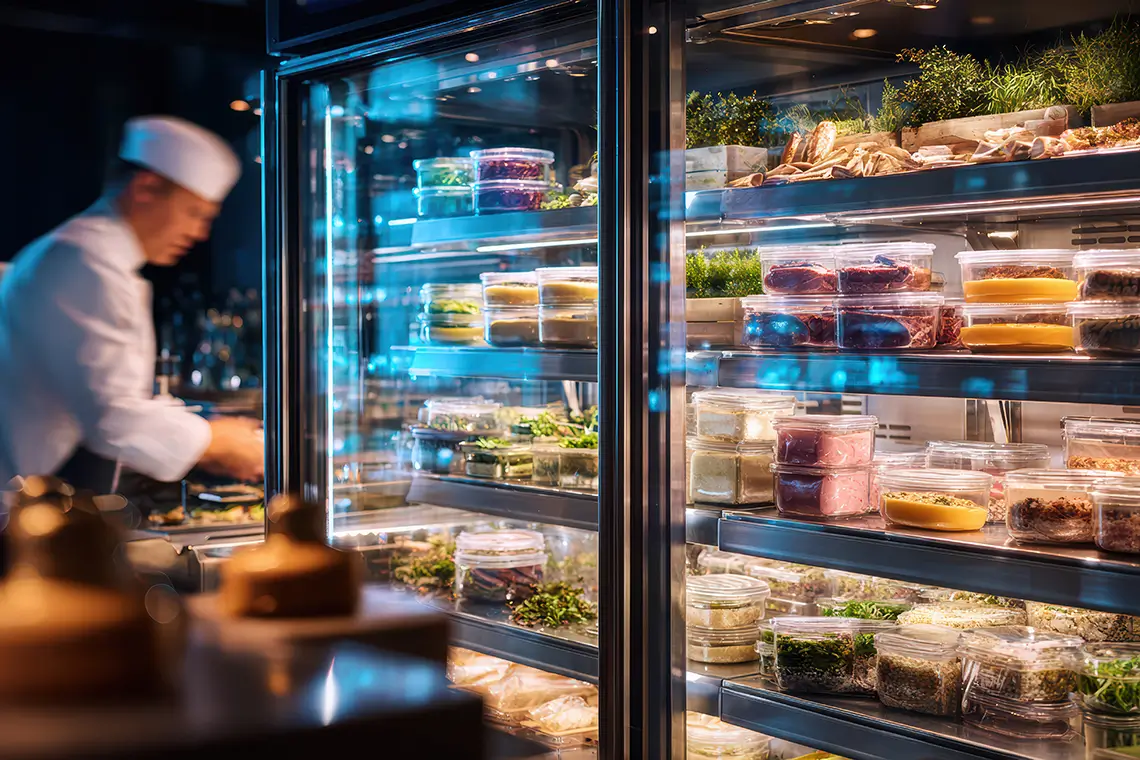 Koch arbeitet in Gastronomieküche neben beleuchtetem Kühlschrank mit frischen Zutaten.