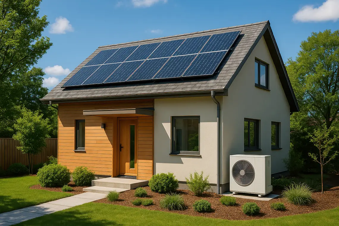 Einfamilienhaus mit Wärmepumpe im Garten und Solaranlage auf dem Dach Einfamilienhaus mit Wärmepumpe im Garten und Solaranlage auf dem Dach