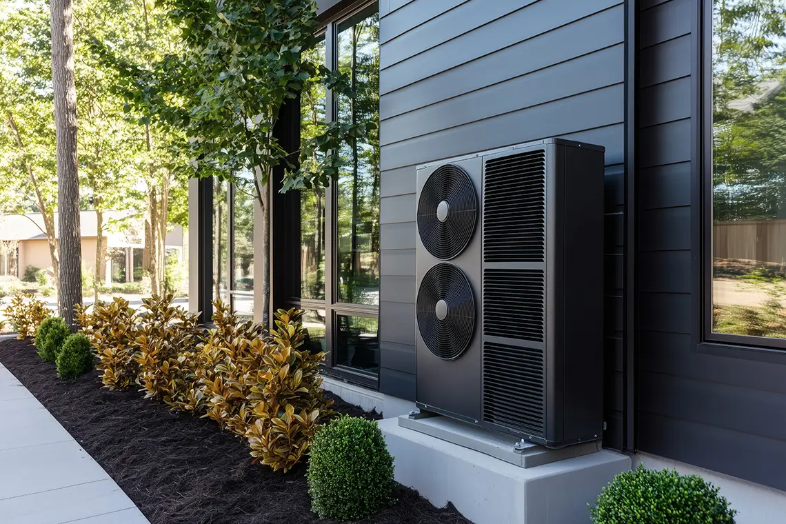 Moderne Warmwasser Wärmepumpe mit zwei Ventilatoren an der Außenwand eines Hauses Moderne Warmwasser Wärmepumpe mit zwei Ventilatoren an der Außenwand eines Hauses