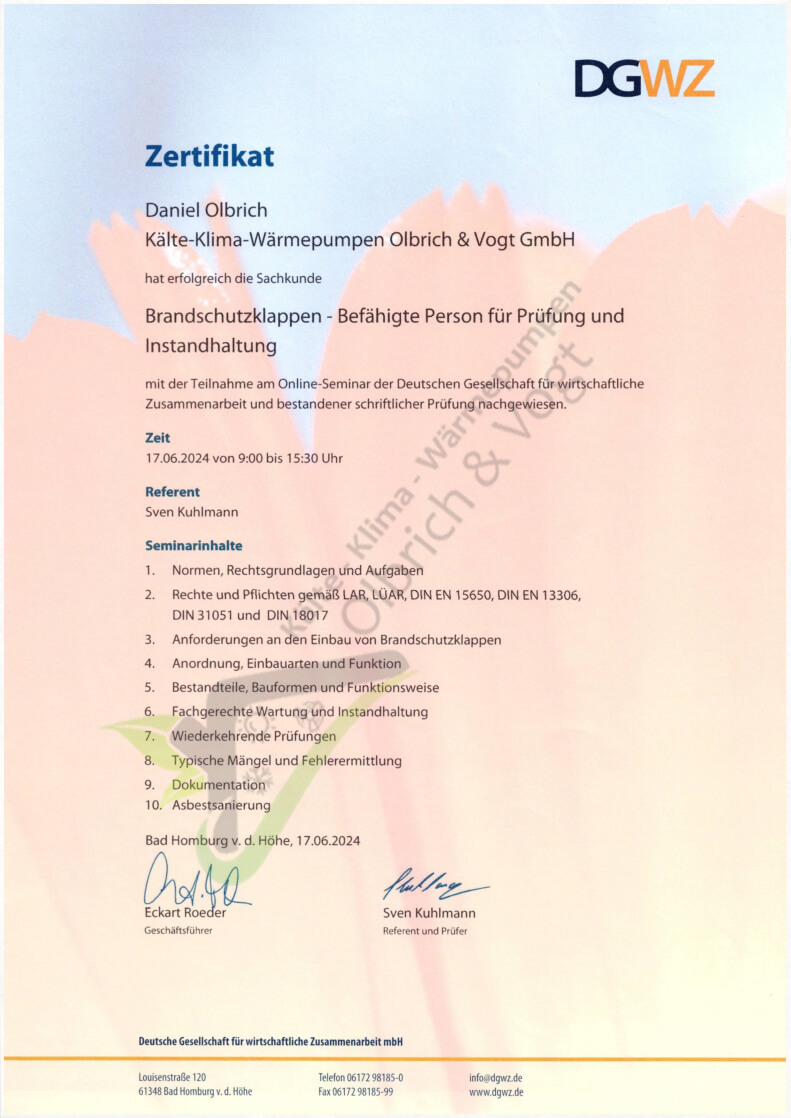 Zertifikat für Brandschutzklappen Zertifikat für Brandschutzklappen