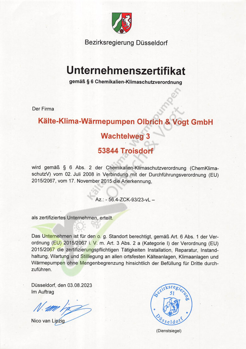 Unternehmenszertifikat gemäß § 6 Chemikalien-Klimaschutzverordnung Unternehmenszertifikat gemäß § 6 Chemikalien-Klimaschutzverordnung