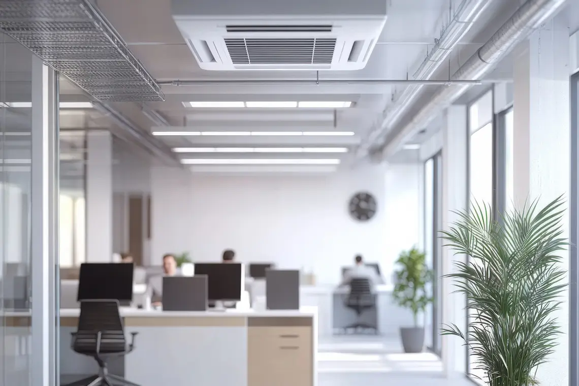 Klimatisierte Großraumbüro-Arbeitsplätze mit Decken-Kassettengerät Klimatisierte Großraumbüro-Arbeitsplätze mit Decken-Kassettengerät