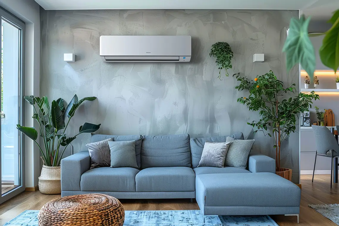 Helles Wohnzimmer mit großer Fensterfront, grünen Pflanzen und wandmontierter Klimaanlage über der Eckcouch Helles Wohnzimmer mit großer Fensterfront, grünen Pflanzen und wandmontierter Klimaanlage über der Eckcouch