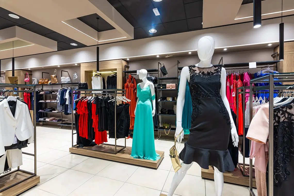 Moderner Mode-Store mit Kleidung, Schaufensterpuppen und stilvoller Warenpräsentation Moderner Mode-Store mit Kleidung, Schaufensterpuppen und stilvoller Warenpräsentation