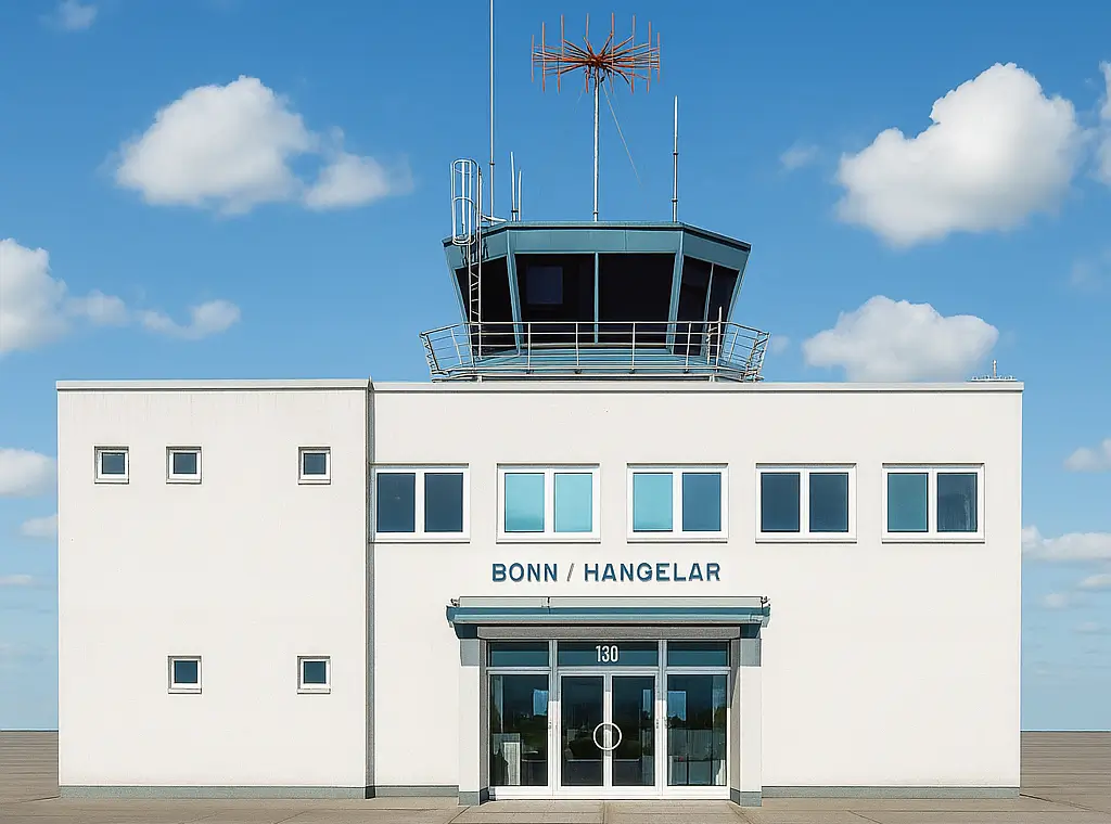 Flugplatz Bonn-Hangelar in Sankt Augustin – modernes Flughafengebäude mit Tower unter blauem Himmel
