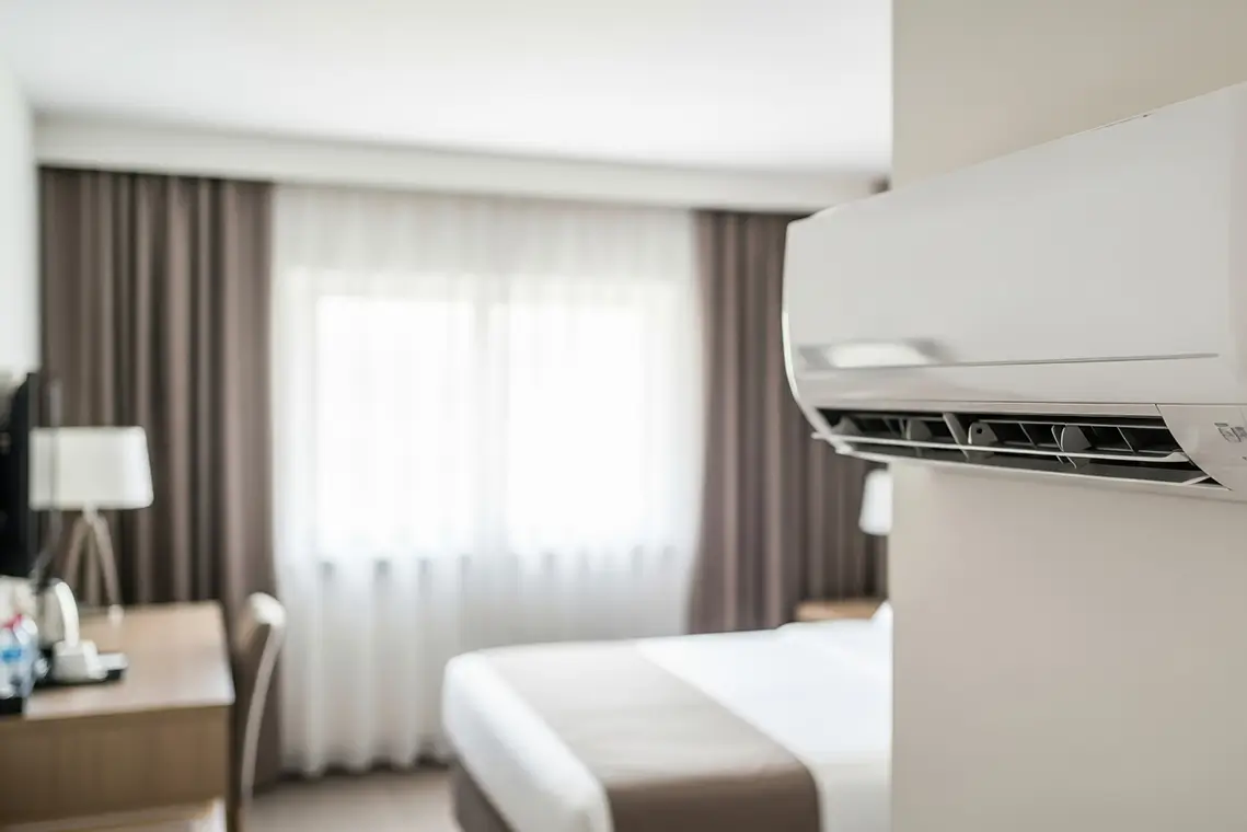 Klimaanlage an der Wand in einem modernen Hotelzimmer mit Doppelbett und Schreibtisch Klimaanlage an der Wand in einem modernen Hotelzimmer mit Doppelbett und Schreibtisch