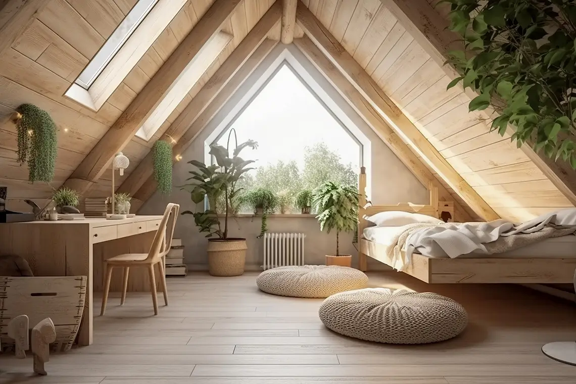 Gemütlich eingerichtetes, klimatisiertes Dachzimmer mit Holzverkleidung, Pflanzen und großem Fenster Gemütlich eingerichtetes, klimatisiertes Dachzimmer mit Holzverkleidung, Pflanzen und großem Fenster