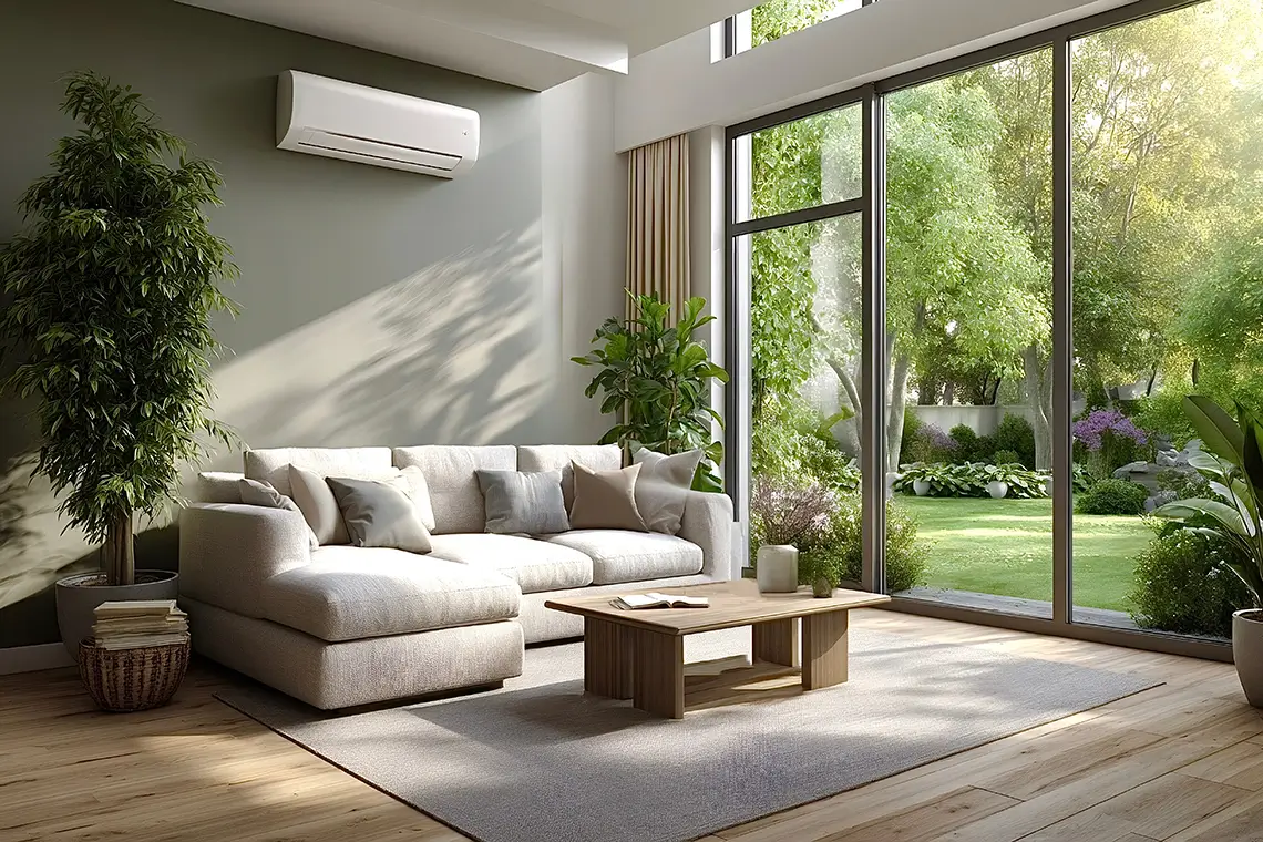 Modernes Wohnzimmer mit grauer Couch, Zimmerpflanzen und wandmontierter Split-Klimaanlage über dem Sofa Modernes Wohnzimmer mit grauer Couch, Zimmerpflanzen und wandmontierter Split-Klimaanlage über dem Sofa