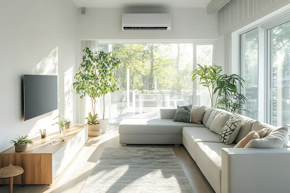 Helles modernes Wohnzimmer mit installierter Wandklimaanlage über dem Fenster Helles modernes Wohnzimmer mit installierter Wandklimaanlage über dem Fenster