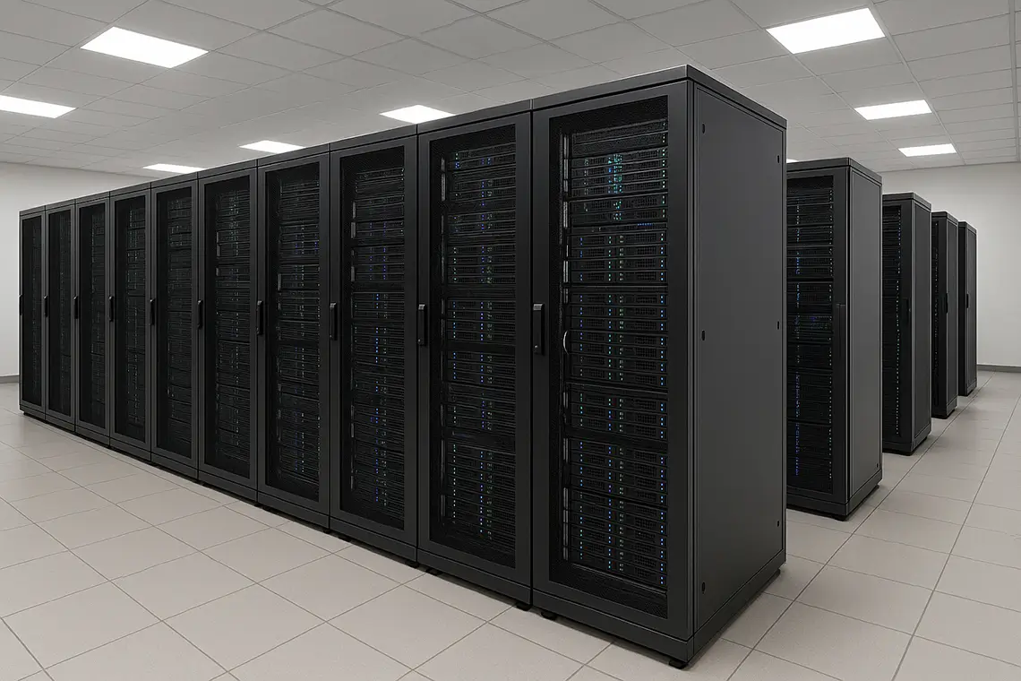 Reihe von Serverschränken in klimatisiertem Serverraum Reihe von Serverschränken in klimatisiertem Serverraum