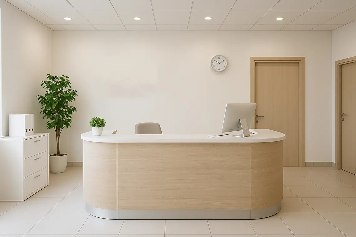 Moderne Empfangstheke in heller Arztpraxis mit Computer und Zimmerpflanze Moderne Empfangstheke in heller Arztpraxis mit Computer und Zimmerpflanze