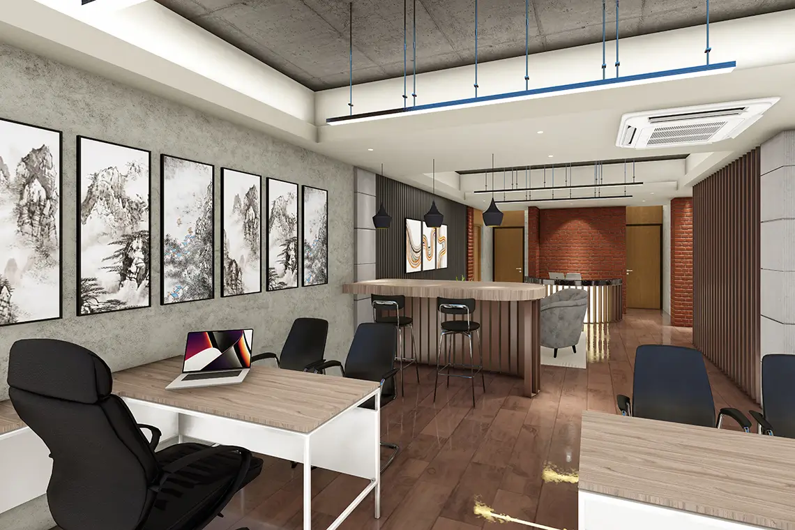 Stylisches Büro mit Deckenkassette und moderner Einrichtung Stylisches Büro mit Deckenkassette und moderner Einrichtung