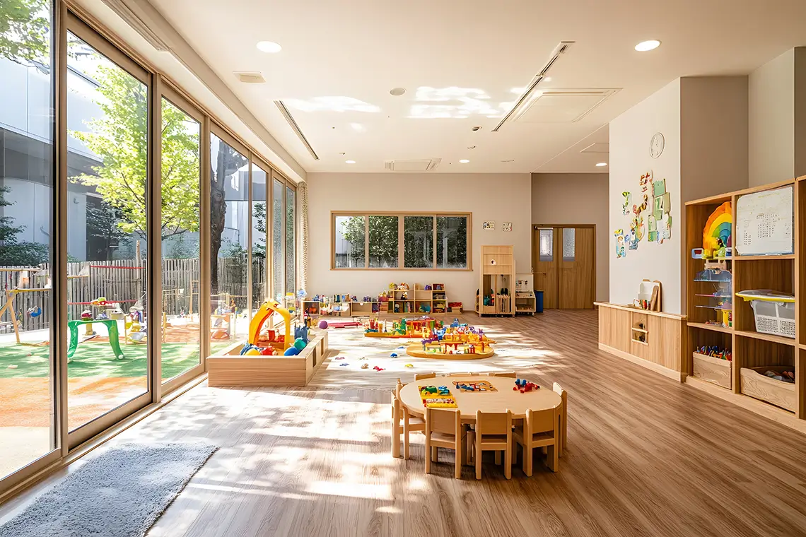 Heller Kindergarten mit großen Fenstern und Decken-Klimaanlage Heller Kindergarten mit großen Fenstern und Decken-Klimaanlage