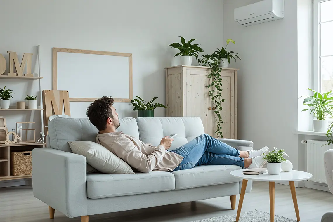 Mann entspannt auf dem Sofa und steuert die Klimaanlage mit Fernbedienung Mann entspannt auf dem Sofa und steuert die Klimaanlage mit Fernbedienung