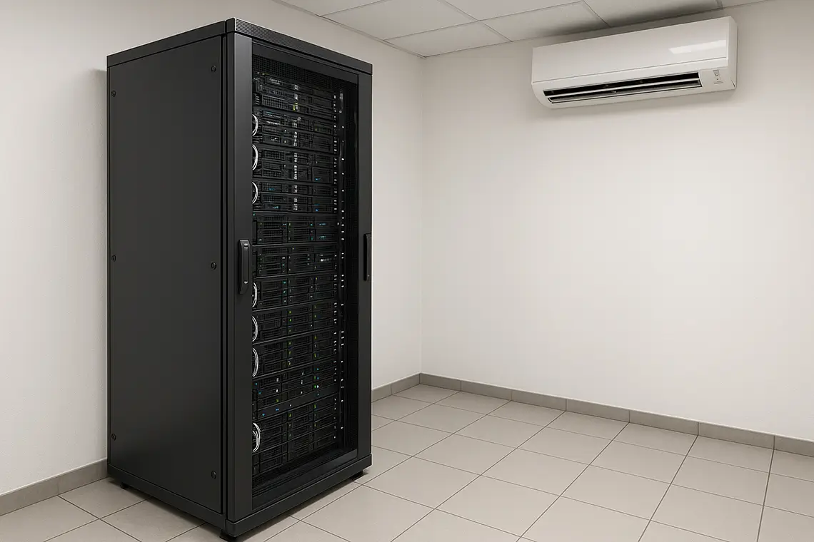 Serverschrank in kleinem Serverraum mit Wandklimaanlage Serverschrank in kleinem Serverraum mit Wandklimaanlage